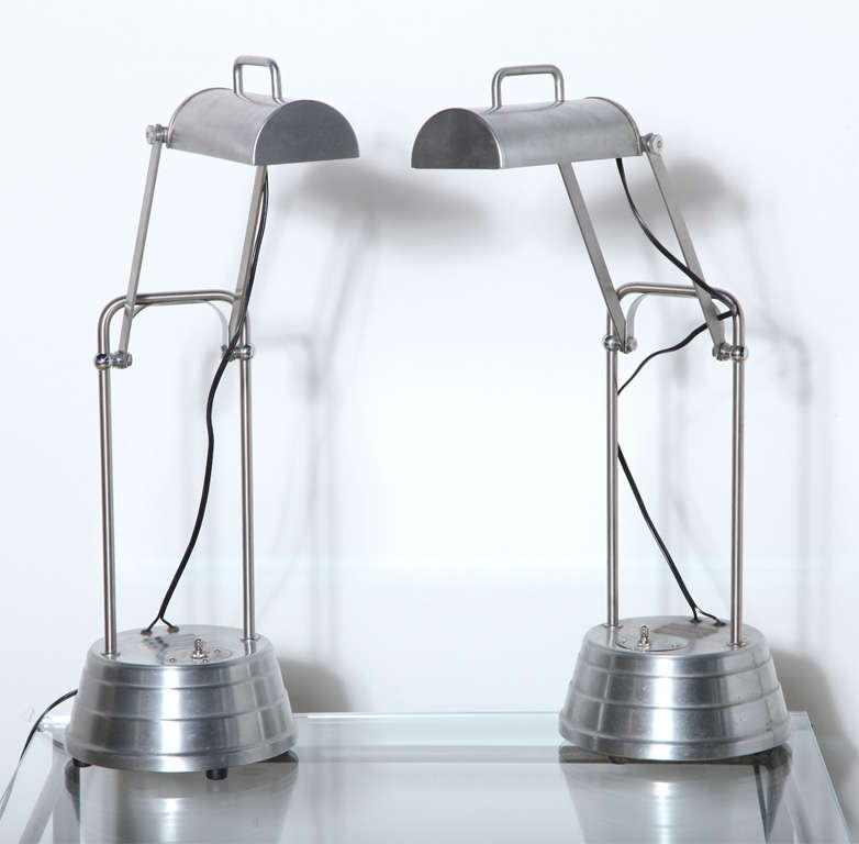 Early 20th Century Machine Age repurposed Sun Kraft Aluminum Health Lamps.  Originally conceived to fold for easy travel. Versatile lighting solution. Great as Desk Lamps, Task Lamps, Work Lamps, Display Lamps. Nice addition Study, Den, Library and