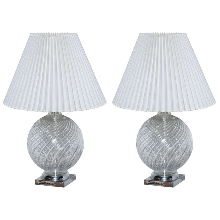Pair of 1960s Tyndale Translucent Crystal and Chrome Globe "Swirl" Table Lamps 