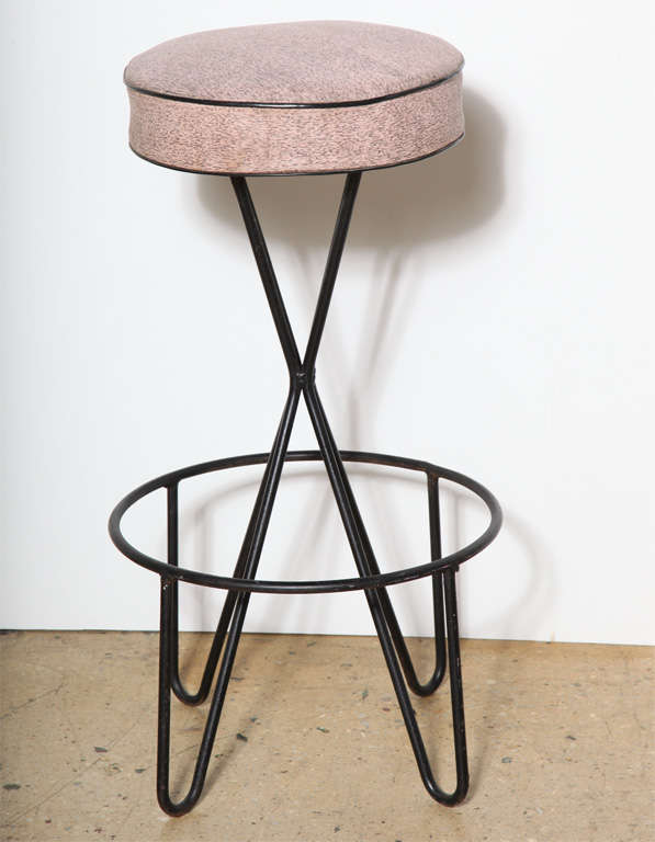 Atomic Style Wrought Iron swivel top stools with newly restored and reupholstered Red Suede (leather) seats (not photographed). Selling as set of 4