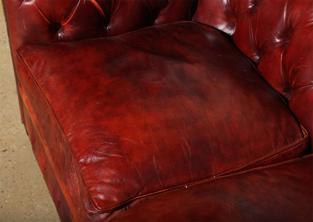 American Mahogany Red Leather Chesterfield Sleeper Sofa and Loveseat