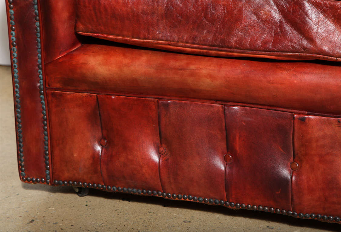 20th Century Mahogany Red Leather Chesterfield Sleeper Sofa and Loveseat