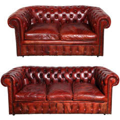 Mahogany Red Leather Chesterfield Sleeper Sofa and Loveseat