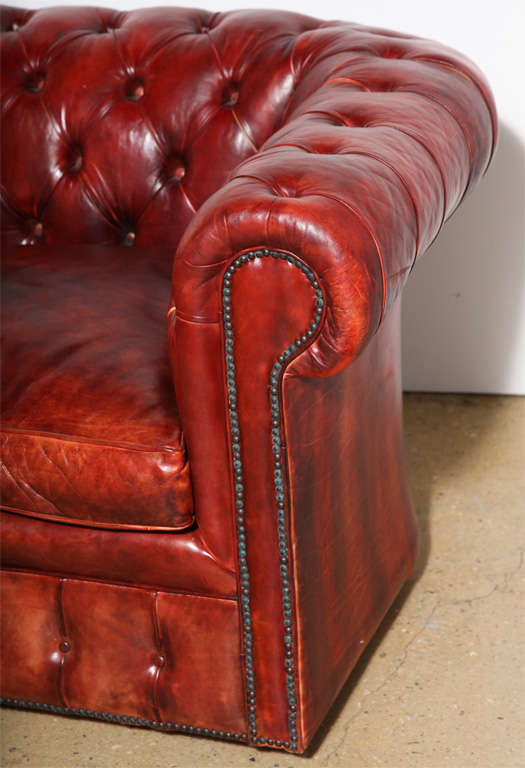 Mahogany Red Leather Chesterfield Sleeper Sofa and Loveseat at 1stDibs