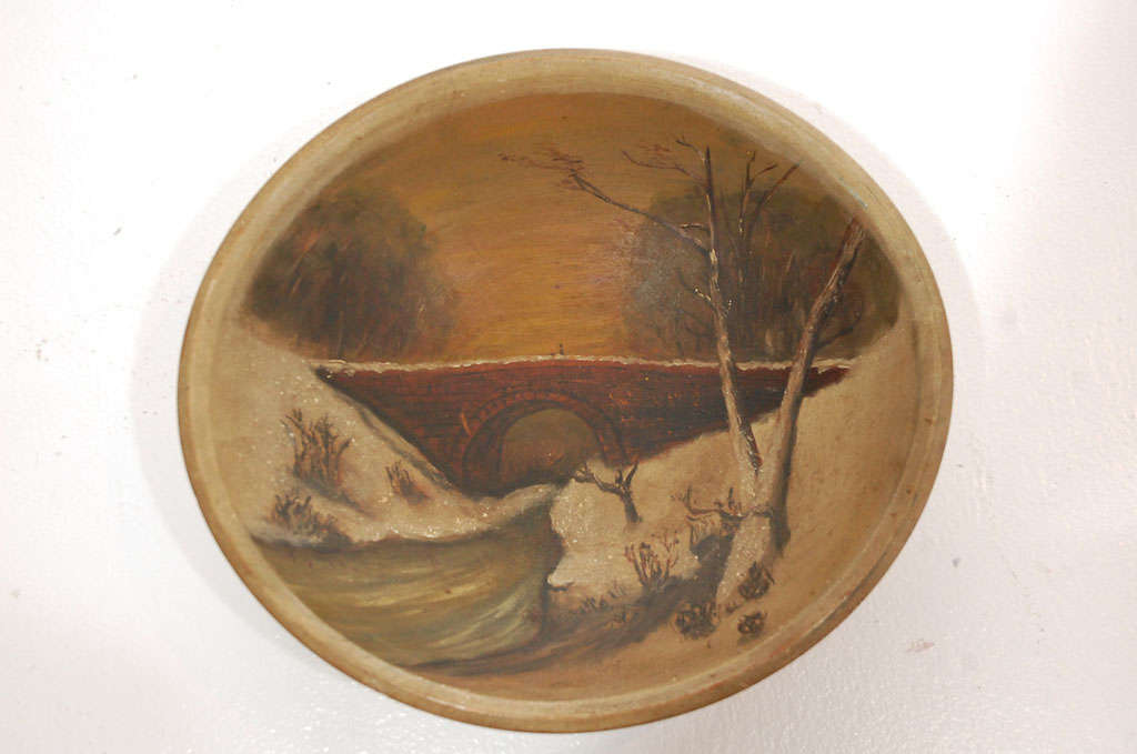 19THC ORIGINAL PAINTED WOOD BUTTER BOWL FROM NEW ENGLAND .GREAT PAINTED THREE DIMENTIONAL LOOK IN A ROUND PAINTED SCENE.THE WOOD BOWL IS IN GREAT CONDITION AND SO IS THE PAINTED SURFACE.