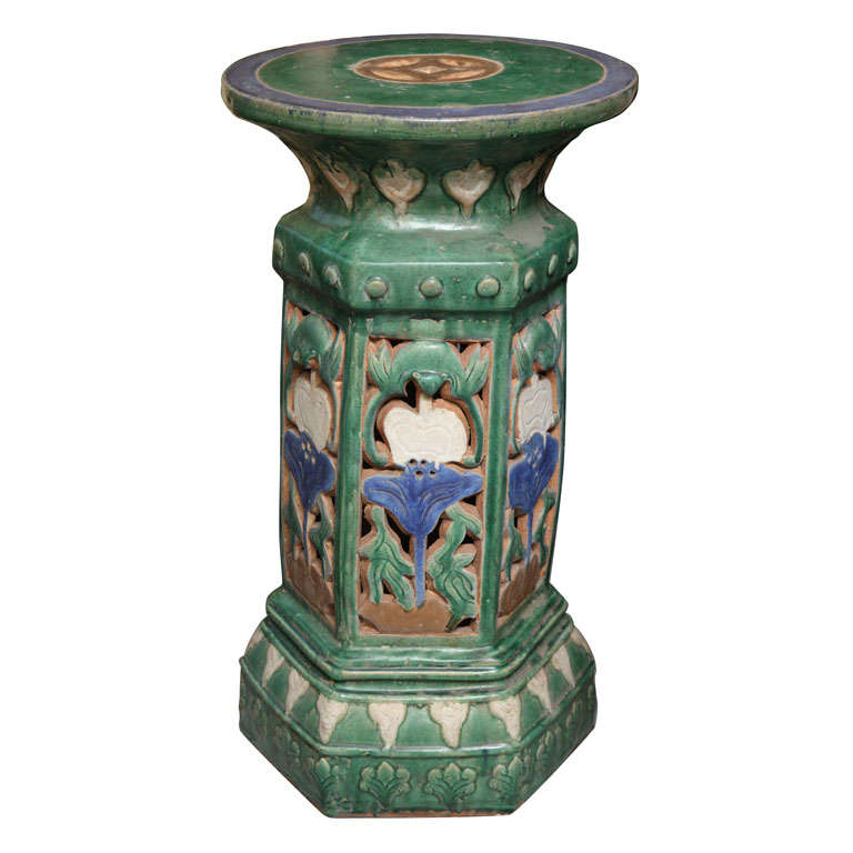 French Colonial Art Nouveau Style Garden Pedestal Made with Glazed Ceramic