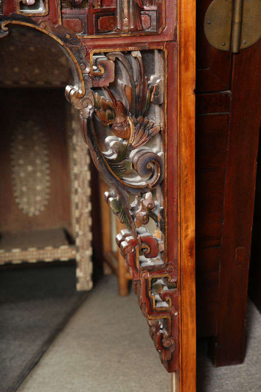 Carved Horizontal Elmwood Mirror with 19th Century Chinese Lacquered Bed Carving For Sale