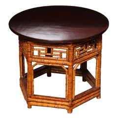 Antique 19th Century Chinese Hexagonal Bamboo and Black Lacquered Wood Side Table