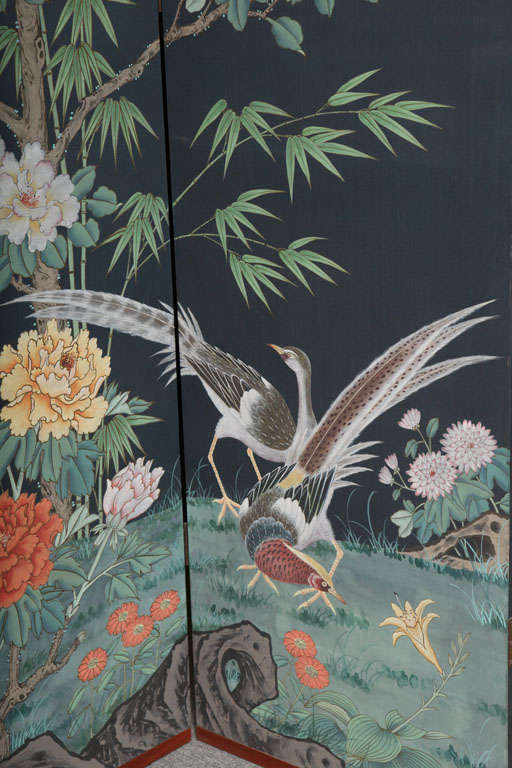 Silk Chinese Four Panel Tall Screen
