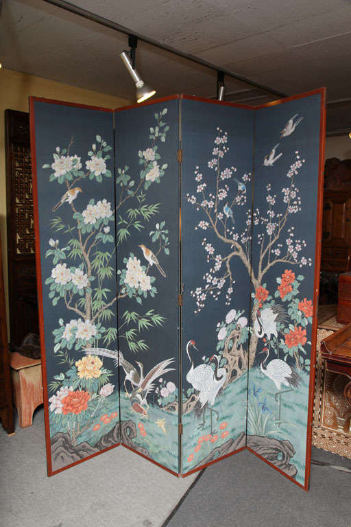 Four Panel Screen, Hand Painted on Silk in the Manner of 18th Century Chinese Wallpaper. Mounted on Wood Panels.