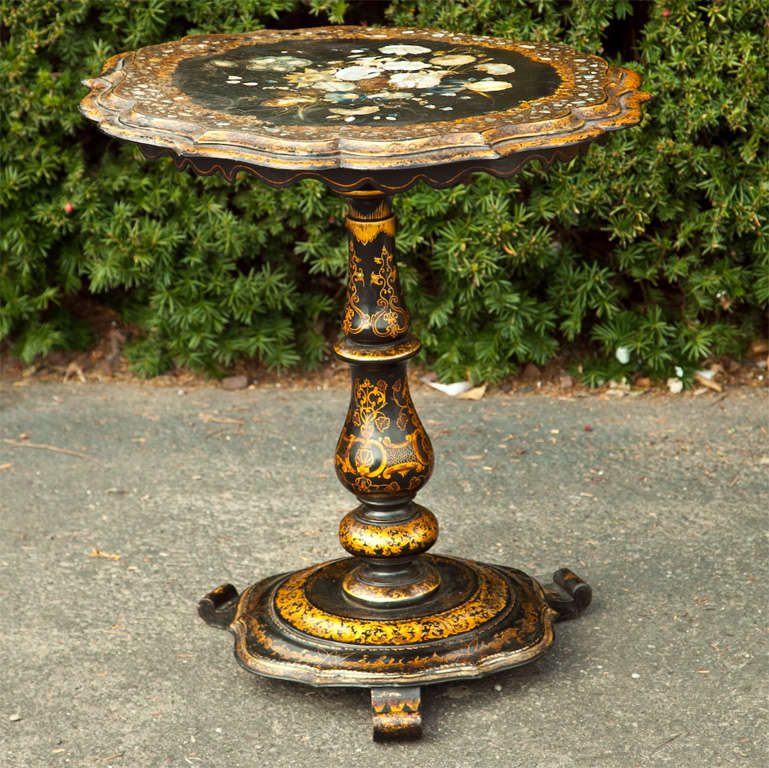 ENGLISH MID-19TH CENTURY LACQUERED TILT TOP TRIPOD TABLE WITH MOTHER OF PEARL, GILT AND PAINT DECORATIONS,  POPULAR IN VICTORIAN HOMES