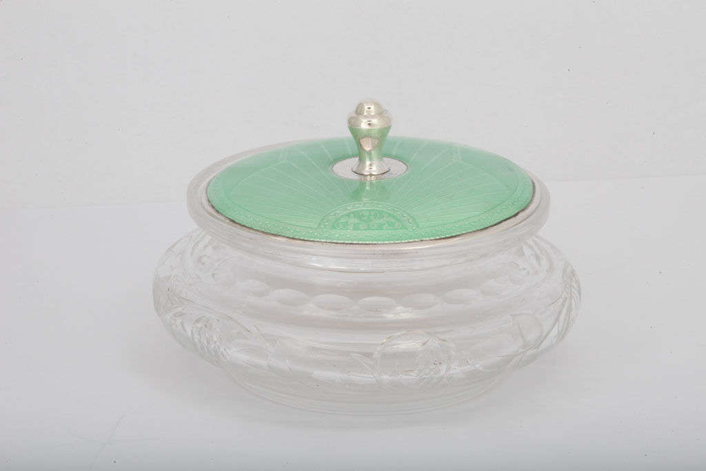 Sterling Silver, Mint Green Enamel and Crystal Powder Jar