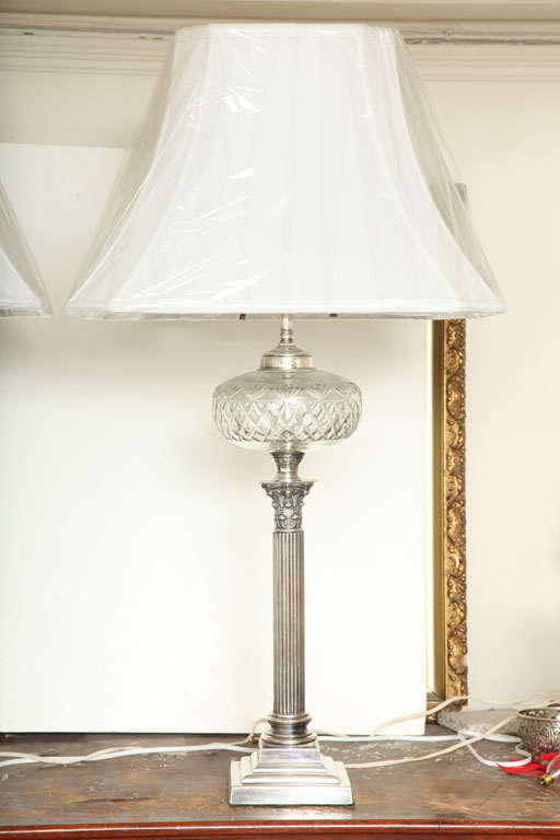 English Pair of Silver Plated, Column-Form, Electrified Oil Lamps