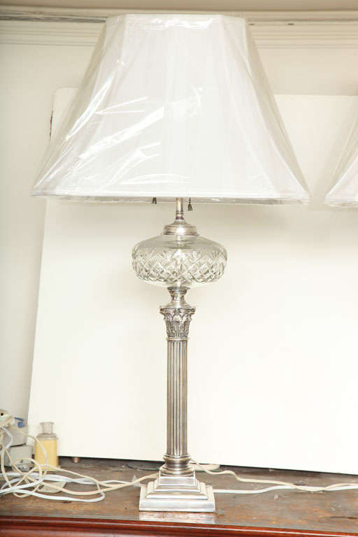 Pair of Silver Plated, Column-Form, Electrified Oil Lamps In Excellent Condition In New York, NY