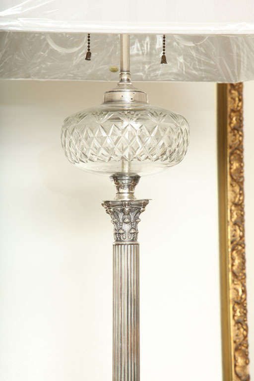 20th Century Pair of Silver Plated, Column-Form, Electrified Oil Lamps