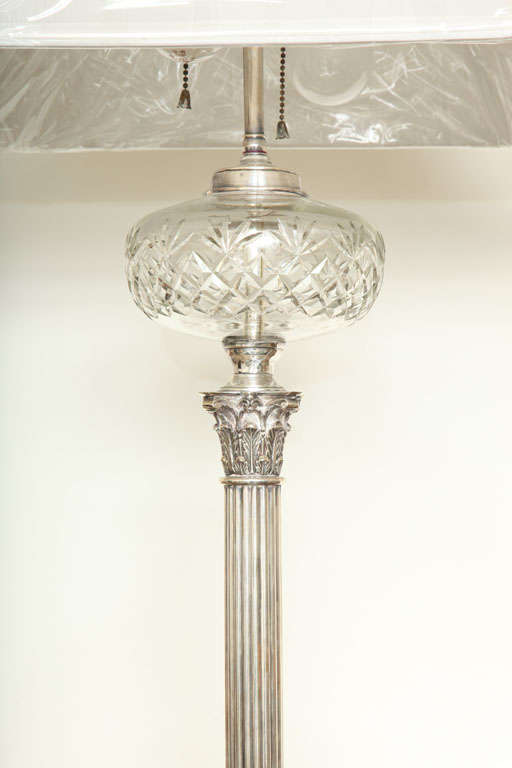 Pair of Silver Plated, Column-Form, Electrified Oil Lamps 1