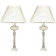 Pair of Silver Plated, Column-Form, Electrified Oil Lamps