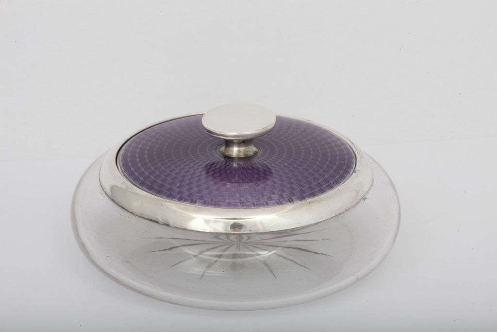 Sterling silver-mounted, purple enamel and crystal powder jar, Birmingham, England, 1926, Williams, Ltd. - maker. Underside of lid has a mirror. Purple enamel is in excellent condition. Very good condition, with one minor 