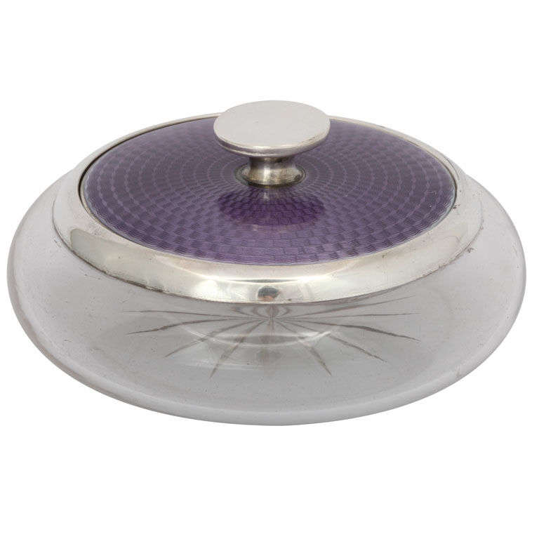 Sterling Silver - Mounted Purple Enamel and Crystal Powder Jar
