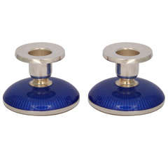 Pair of Sterling Silver and Deep Blue Enamel Candlesticks