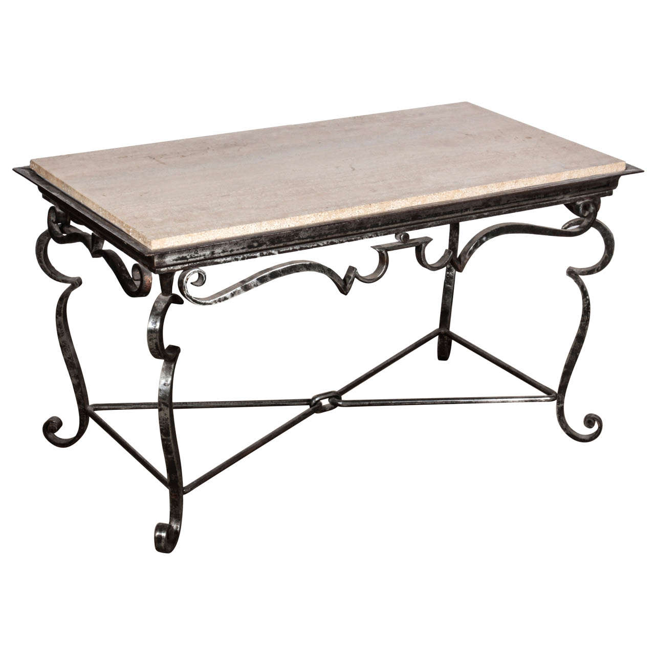 French Iron Coffee Table with Travertine Marble Top For Sale