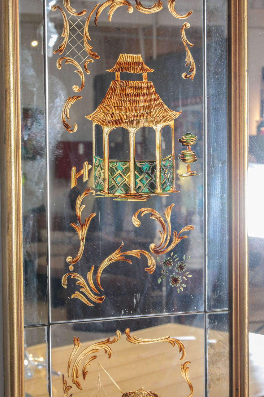Large French 1940's Reverse-Painted Mirror with Chinoiserie Motifs In Good Condition In Buchanan, NY