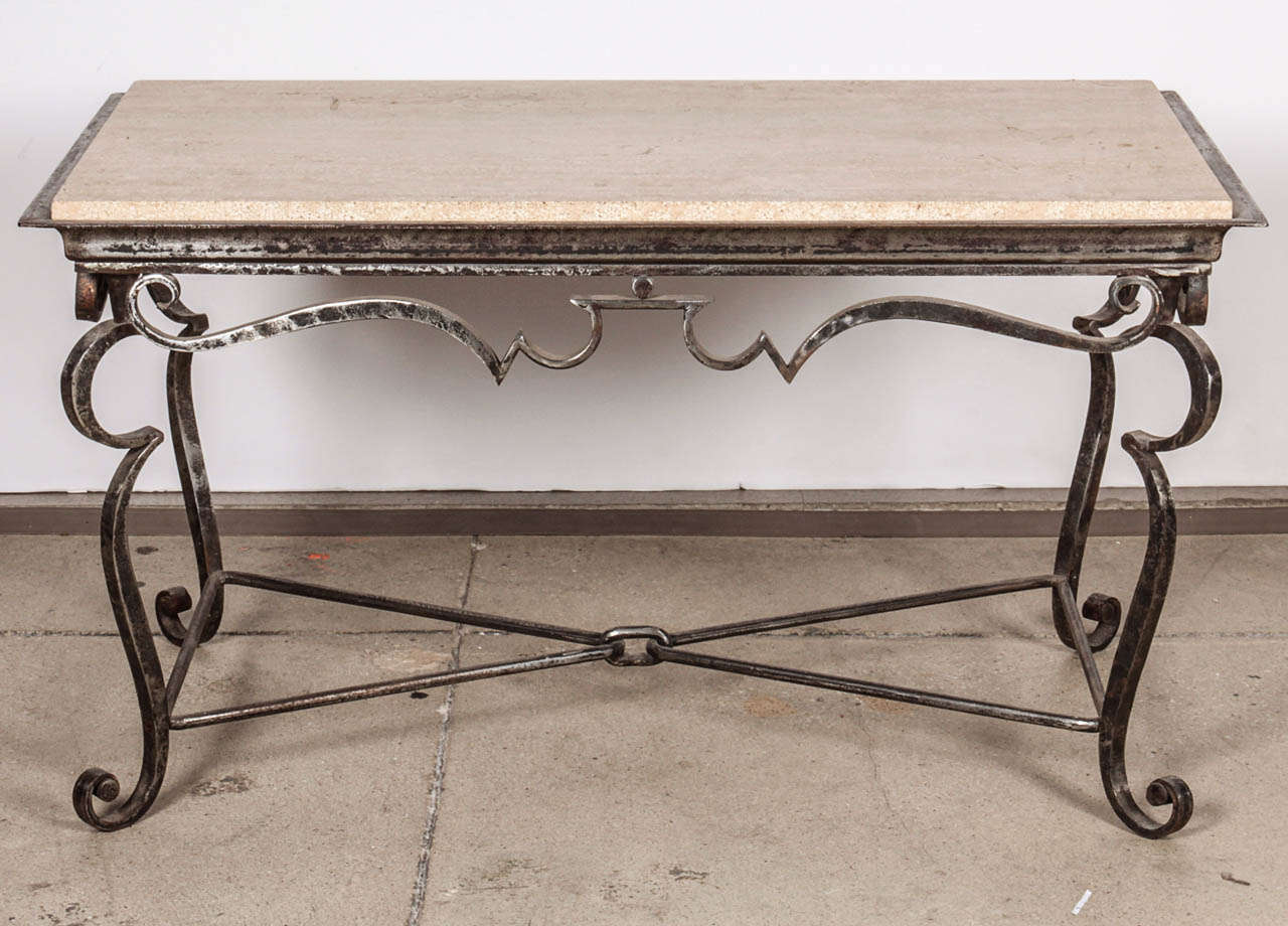Iron Coffee Table with Travertine Marble Top For Sale at 1stdibs