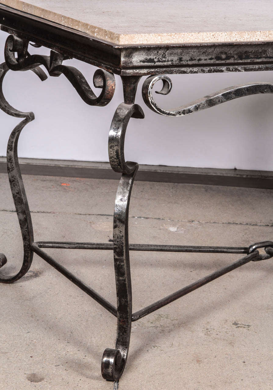 French Iron Coffee Table with Travertine Marble Top For Sale at 1stDibs
