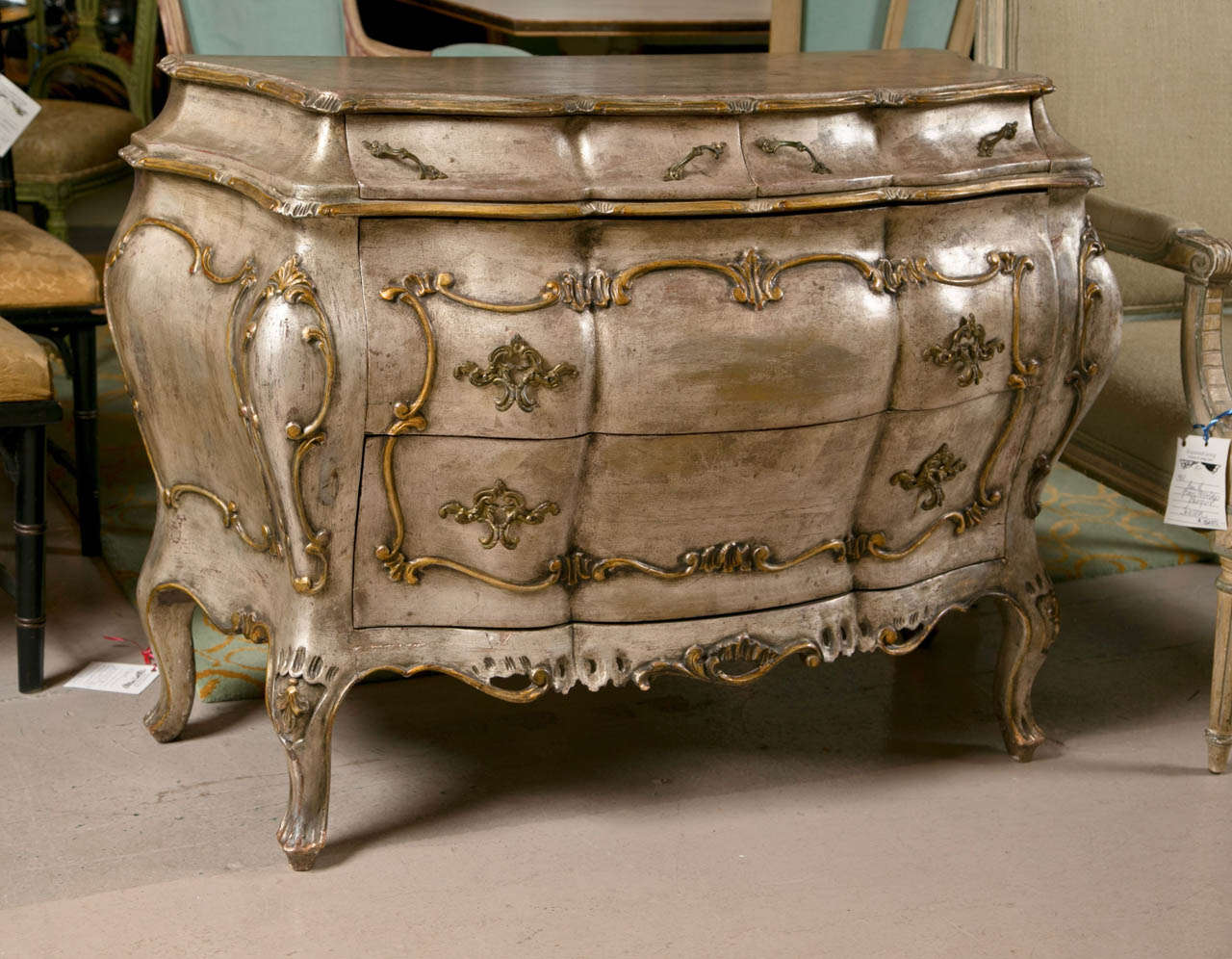 Pair of Louis XV Style Silver Leaf Bombe Commodes Jansen