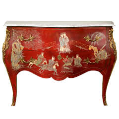Red Painted Chinoiserie Marble Top Commode