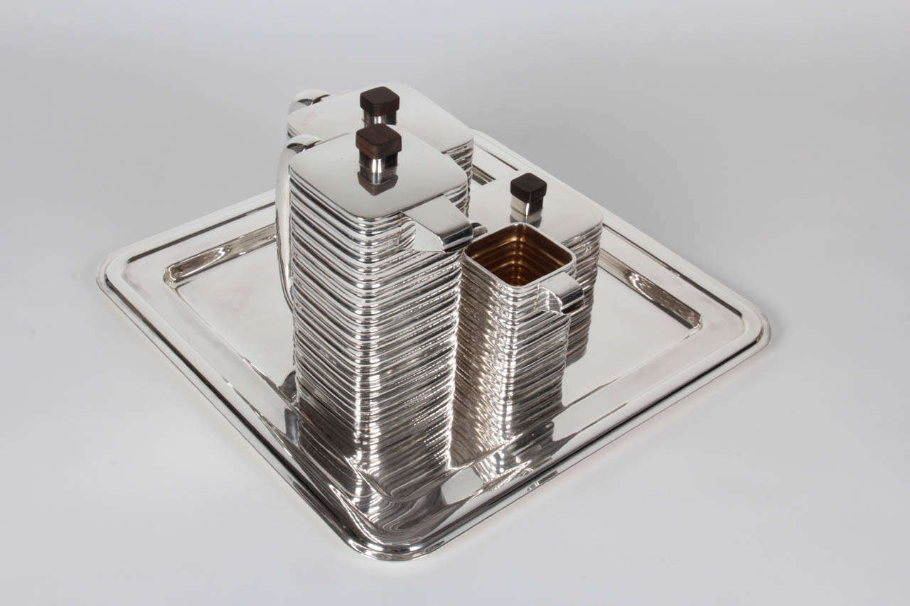 Mid-20th Century American Art Deco Sterling Coffee and Tea Set on Modernist tray c. 1935 For Sale
