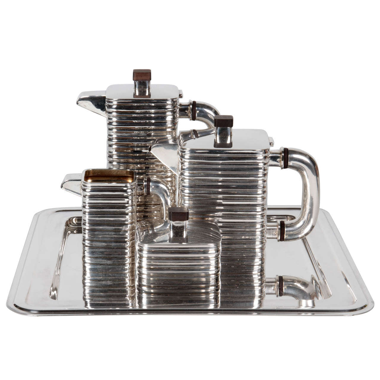 American Art Deco Sterling Coffee and Tea Set on Modernist tray c. 1935 For Sale