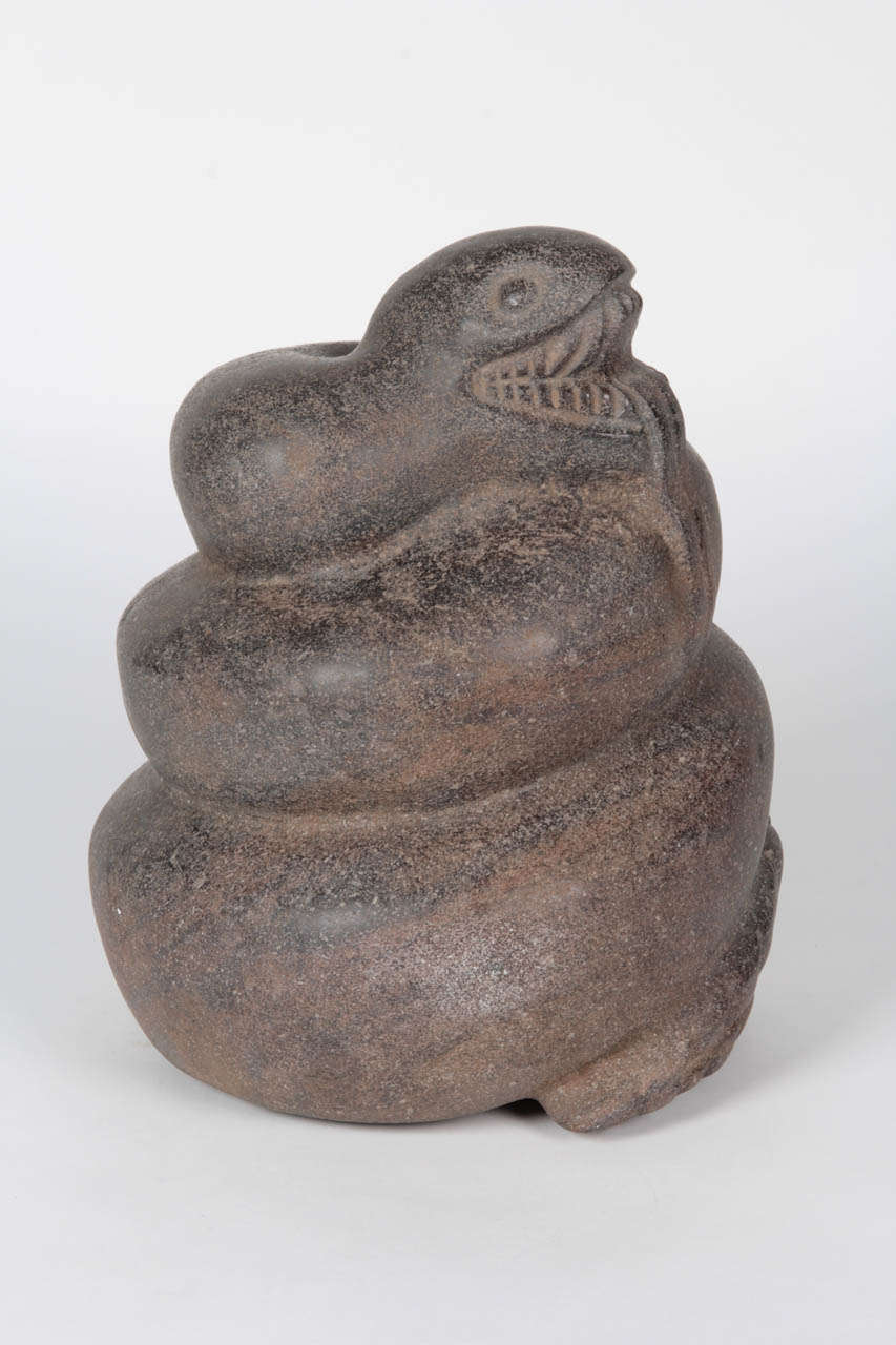 18th Century and Earlier Aztec AD 1325-1475 Important stone carved sculpture of a coiled serpent For Sale