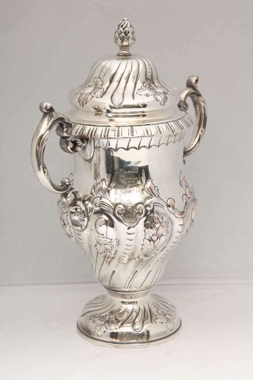 Large, Georgian, Sheffield plated, two-armed cup and cover, England, circa 1830s. Ornate design. Measures: 15 1/4