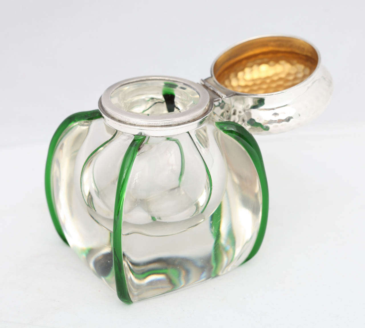 20th Century Edwardian Sterling Silver-Mounted Hand Blown Crystal Inkwell