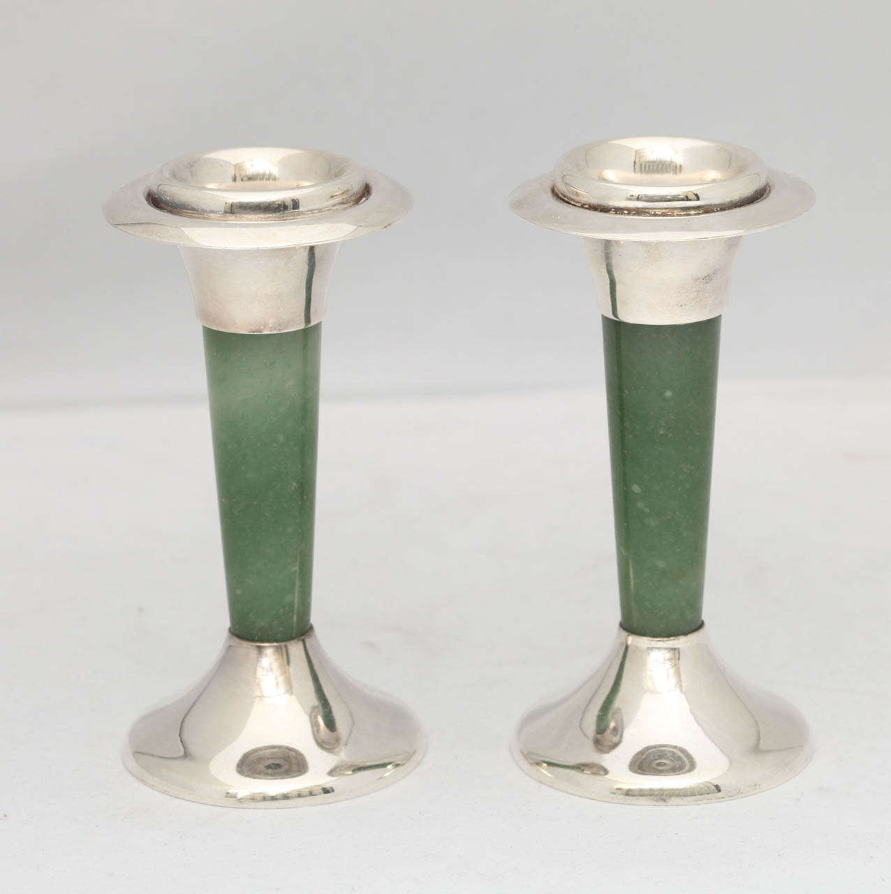 Mid-Century Modern, sterling silver-mounted nephrite jade candlesticks, European, Ca. 1950's. @4 1/2