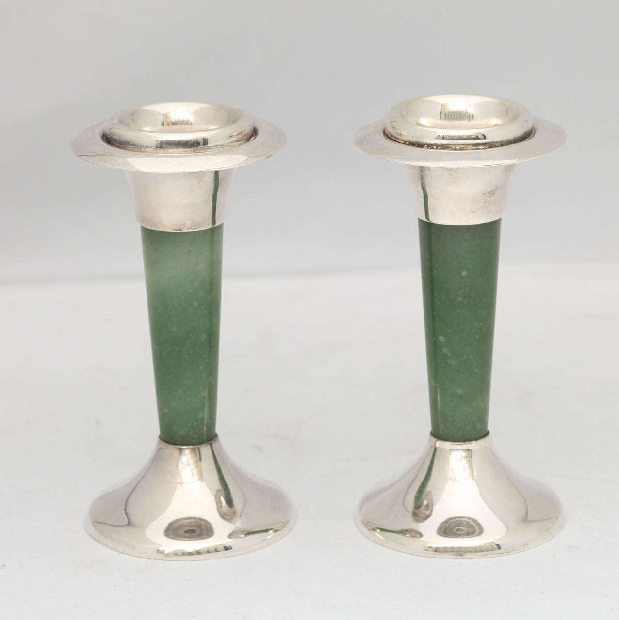 MidCentury Modern Sterling SilverMounted Nephrite Jade Candlesticks