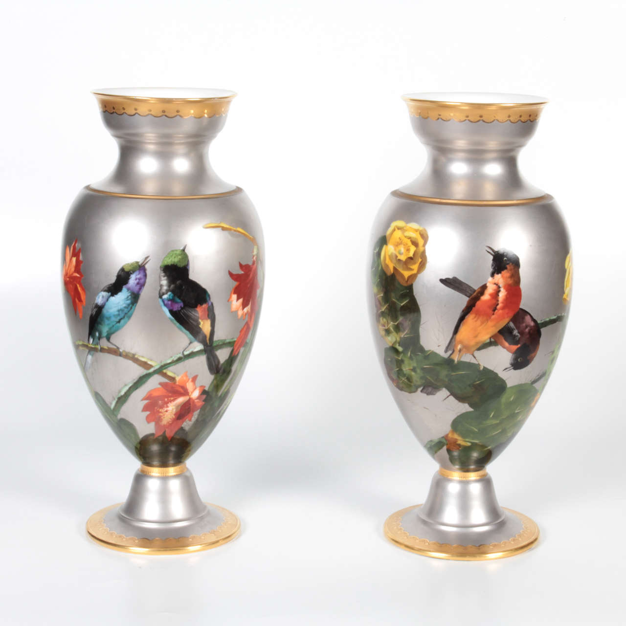 Pair of Porcelain Platinum Vases Painted with Parrots, Universelle Exposition