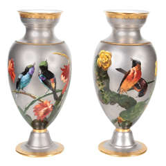 Pair of Porcelain Platinum Vases Painted with Parrots, Universelle Exposition
