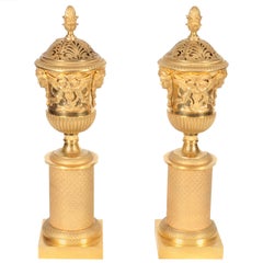 Pair of French Empire Neoclassical Gilt Bronze Cassolettes, for Russian Market