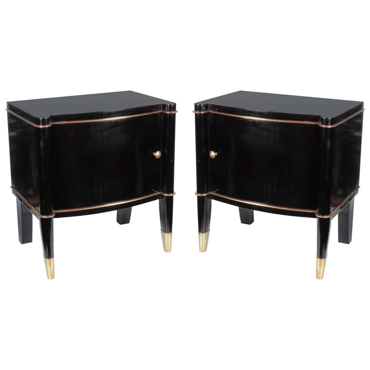 Pair of Antique French Art Deco Black Lacquer and Gilt Bronze Side Cabinets