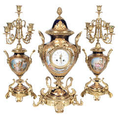 Ormolu-Mounted Cobalt Sevres Porcelain Three-Piece Clock Garniture, 19th Century
