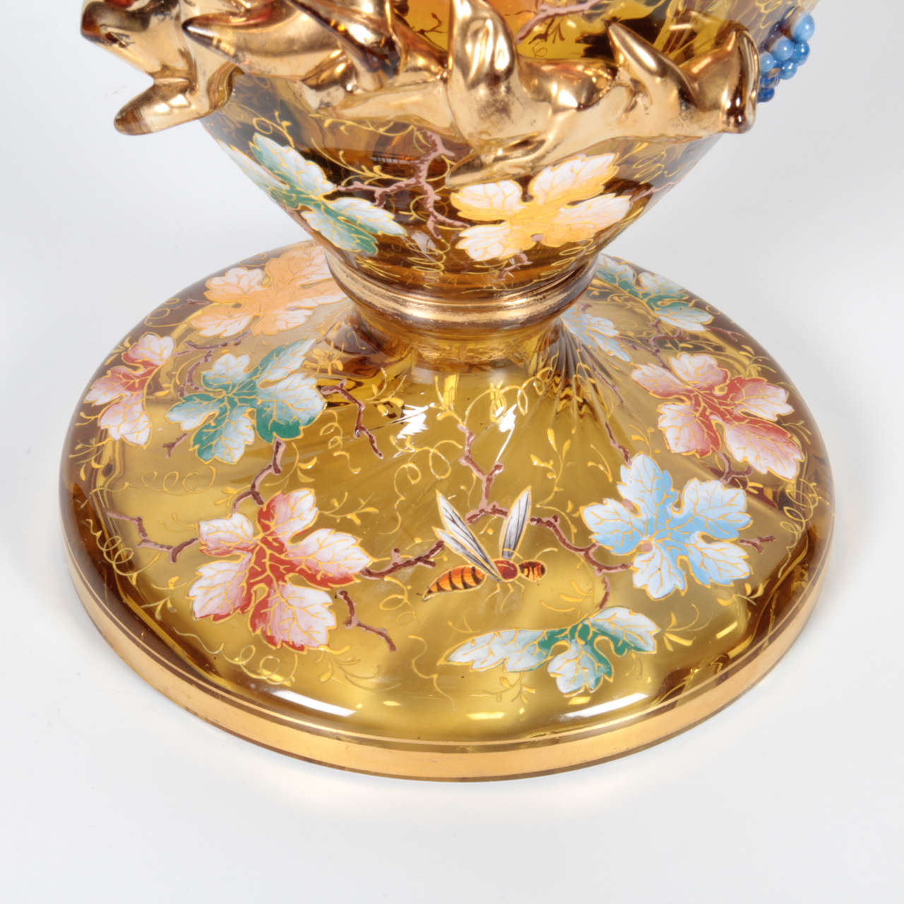 Moser Glass Amberina Red Vase with Raised Flowers, Leaves, Jewels and Bird In Excellent Condition In New York, NY