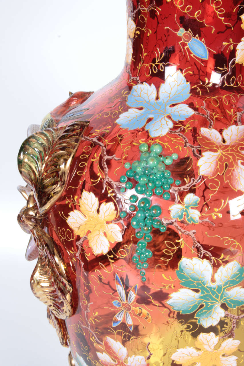 19th Century Moser Glass Amberina Red Vase with Raised Flowers, Leaves, Jewels and Bird