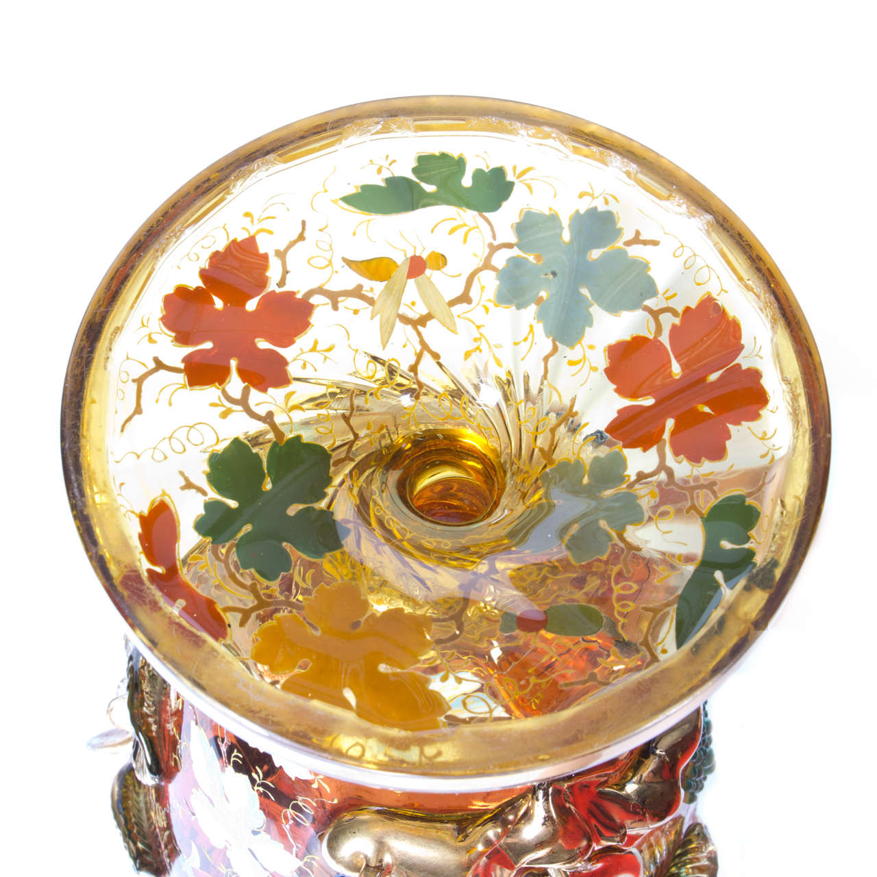 Moser Glass Amberina Red Vase with Raised Flowers, Leaves, Jewels and Bird 3