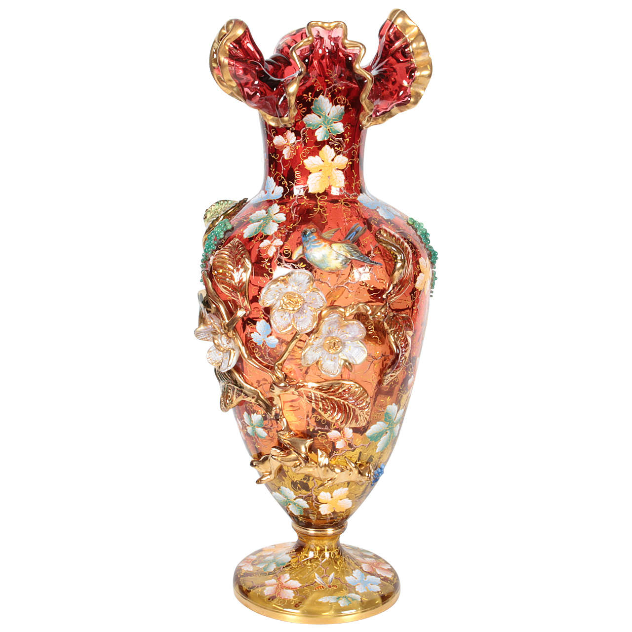 Moser Glass Amberina Red Vase with Raised Flowers, Leaves, Jewels and Bird