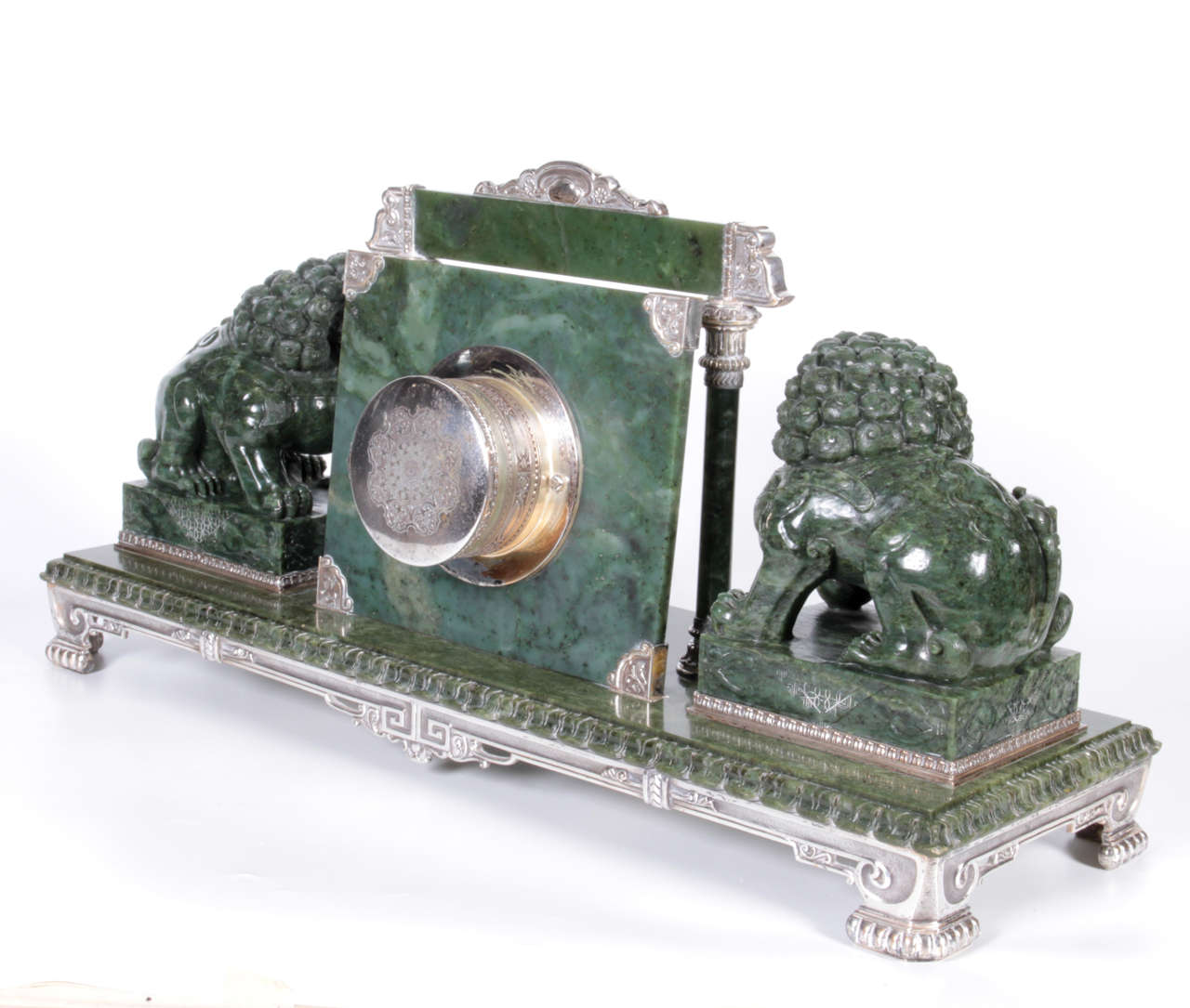 Silvered Bronze-Mounted Chinese Spinach Jade Portico Mantle Clock, Yamanaka & Co In Excellent Condition In New York, NY
