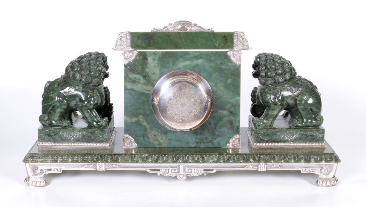Silvered Bronze-Mounted Chinese Spinach Jade Portico Mantle Clock, Yamanaka & Co 1