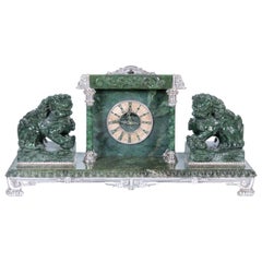 Silvered Bronze-Mounted Chinese Spinach Jade Portico Mantle Clock, Yamanaka & Co