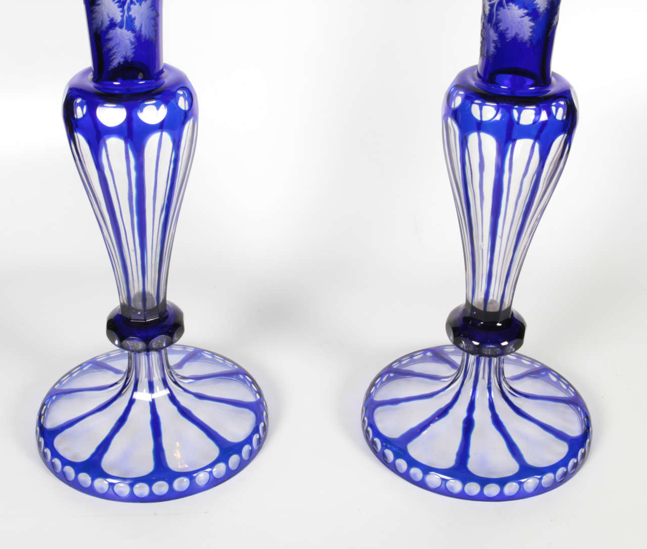 Czech Magnificent Pair of Palatial Double Overlay Bohemian Trumpet Vases with Stags For Sale