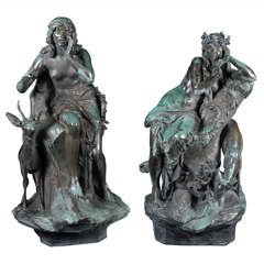 A. Kuhne Pair of Patinated Bronze Seated Nymphs with Stags Signed, 1890